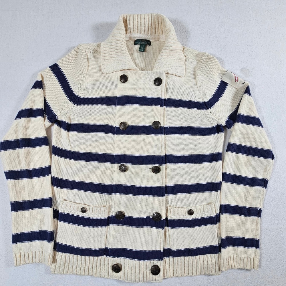 Lauren Ralph Lauren Cardigan Womens L Cream Navy Striped Nautical Anchor Button - Picture 2 of 9